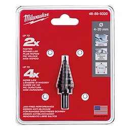 Milwaukee 48-89-9320 step bit, 4mm-20mm, in packaging highlighted for fast operation and long life with compatible materials listed.