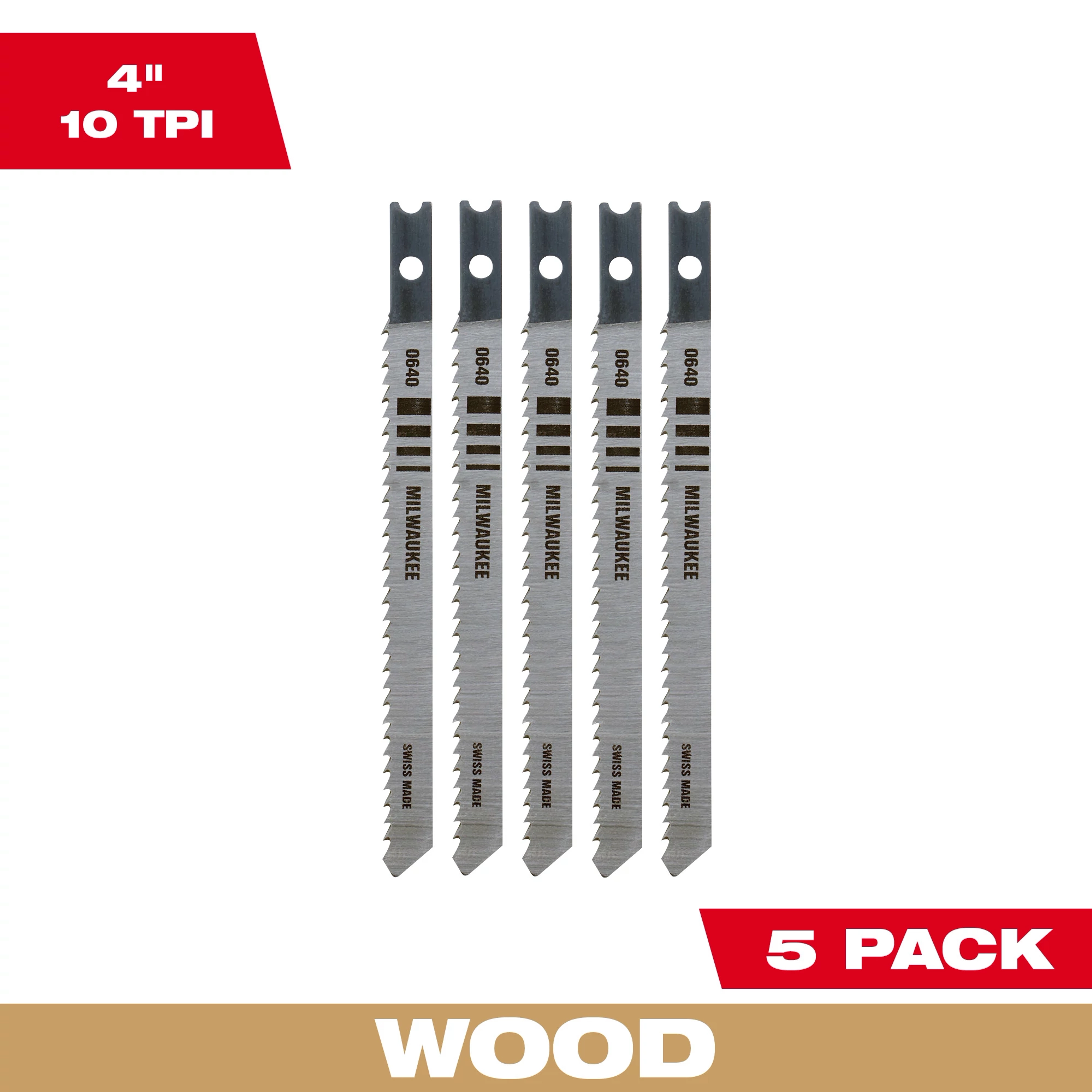4" 10TPI U-Shank Wood High Carbon Steel Jig Saw Blades 5PK, suitable for wood cutting, displayed in a vertical row.