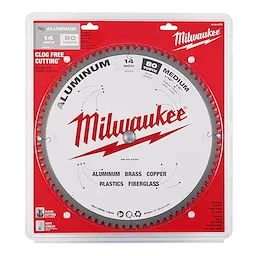 The image shows a 14” Aluminum Cutting Circular Saw Blade with 80 teeth. It is designed for cutting aluminum, brass, copper, plastics, and fiberglass.