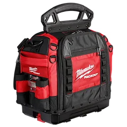 Red and black Milwaukee PACKOUT 15" Structured Tool Bag with multiple pockets, handle on top, and sturdy base.