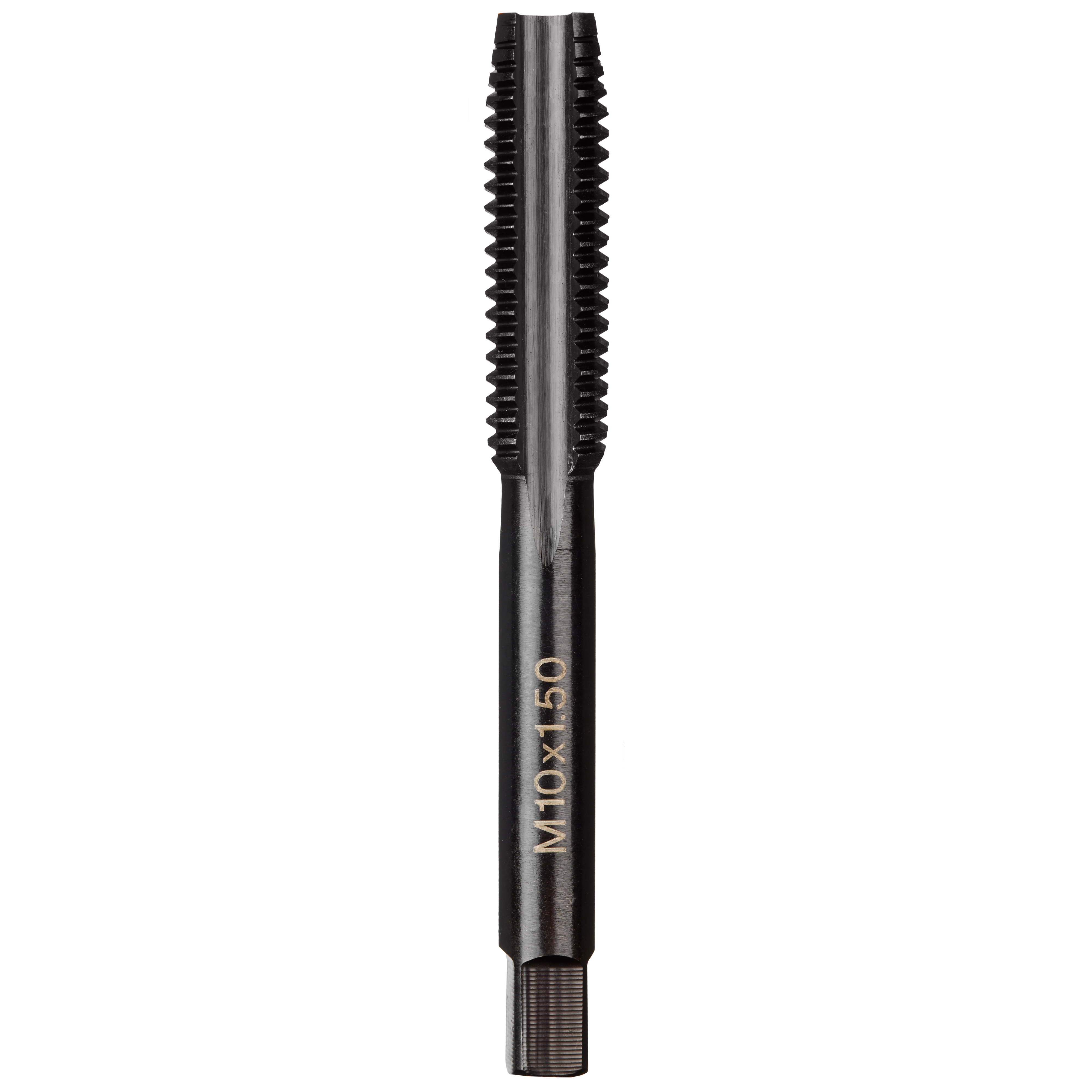 M10-1.50%20mm%20Straight%20Flute%20Plug%20Tap with a straight flute design and visible threading, shown in a vertical position.