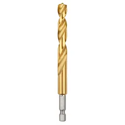 Shockwave Red Helix Titanium 3/8" Drill Bit is a metallic gold drill bit featuring a helical, twisted design. The bit has a titanium finish for increased durability and a silver hexagonal shank for secure fastening in drill chucks.