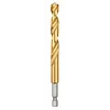 Shockwave Red Helix Titanium 3/8" Drill Bit is a metallic gold drill bit featuring a helical, twisted design. The bit has a titanium finish for increased durability and a silver hexagonal shank for secure fastening in drill chucks.