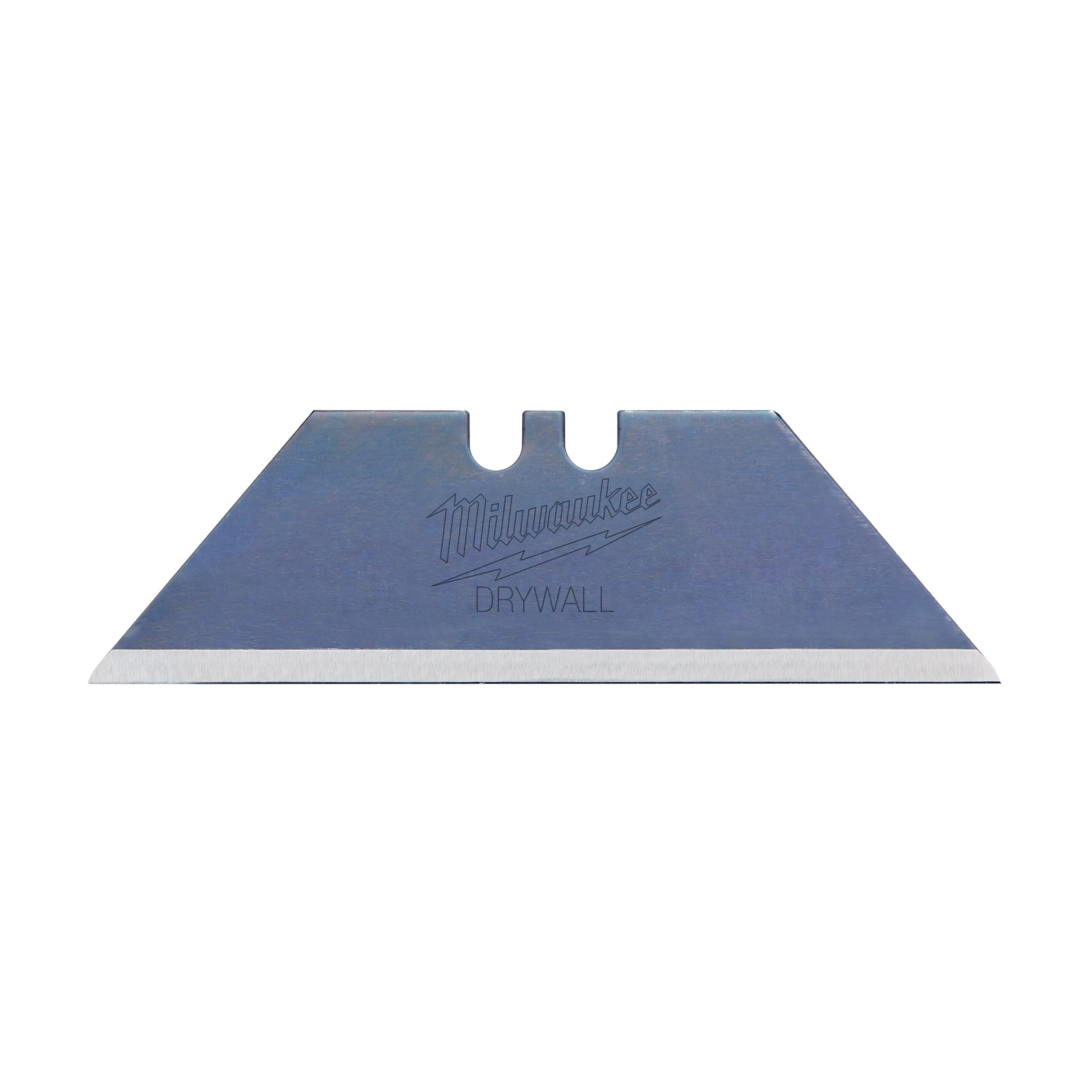 Milwaukee Drywall Utility Blade shown in close-up. The blade is trapezoidal with the word "drywall" etched below the brand name.