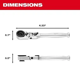 1/4” Hex Drive Mini Flex Head Bit Ratchet shown from top and side with labeled length, width, and height measurements.