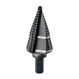 %239%20Step%20Drill%20Bit%2C%207%2F8%22%20%26%201-1%2F8%22 is a metal step drill bit with sizes 7/8 inch and 1-1/8 inch etched on its surface. The bit is cone-shaped, designed to create various-sized holes in metal. The bit has a dark gray finish and a hexagonal shank.