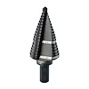 %239%20Step%20Drill%20Bit%2C%207%2F8%22%20%26%201-1%2F8%22 is a metal step drill bit with sizes 7/8 inch and 1-1/8 inch etched on its surface. The bit is cone-shaped, designed to create various-sized holes in metal. The bit has a dark gray finish and a hexagonal shank.
