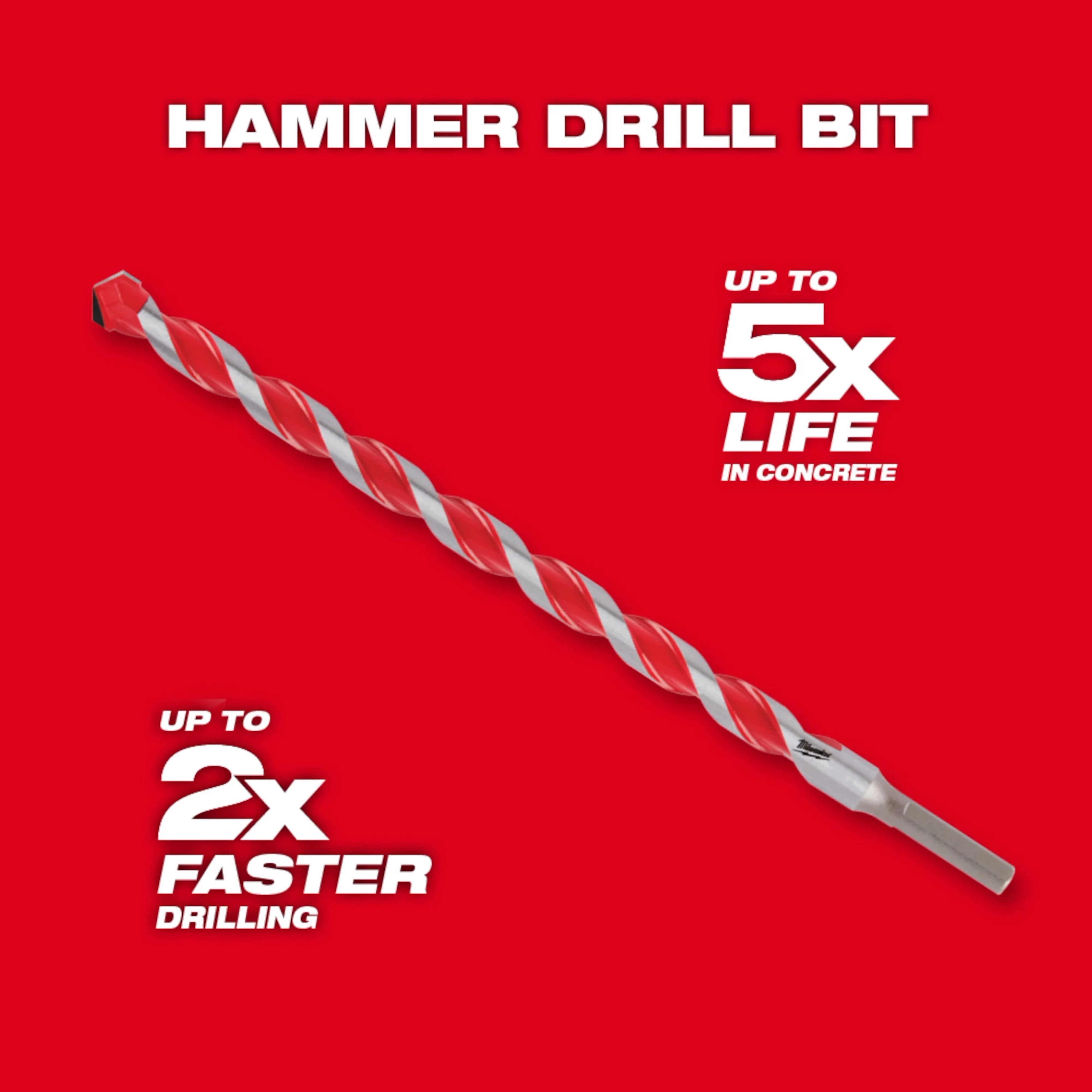 Carbide Hammer Drill Bits USP/Performance shown against a red background. Text indicates 5x longer life in concrete and 2x faster drilling.