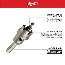 The 1 in. Carbide Hole Cutter (1-Pack) features a spring-loaded pilot bit for fast drilling and clean plug ejection, carbide teeth for smooth cuts in steel and hard materials, and a 3-flat shank for secure grip. The product is branded with Milwaukee’s logo.