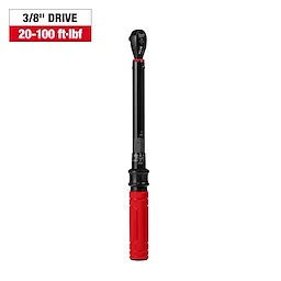 3/8” Drive Click Torque Wrench (20-100 ft·lbf) with a black shaft and a red textured grip, shown upright against a white background.