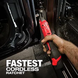 A person uses the M12 FUEL™ 1/4" Ratchet to work on a vehicle door frame. "Fastest Cordless Ratchet" is written in large text at the bottom left. The tool is red with the brand and model name prominently visible.
