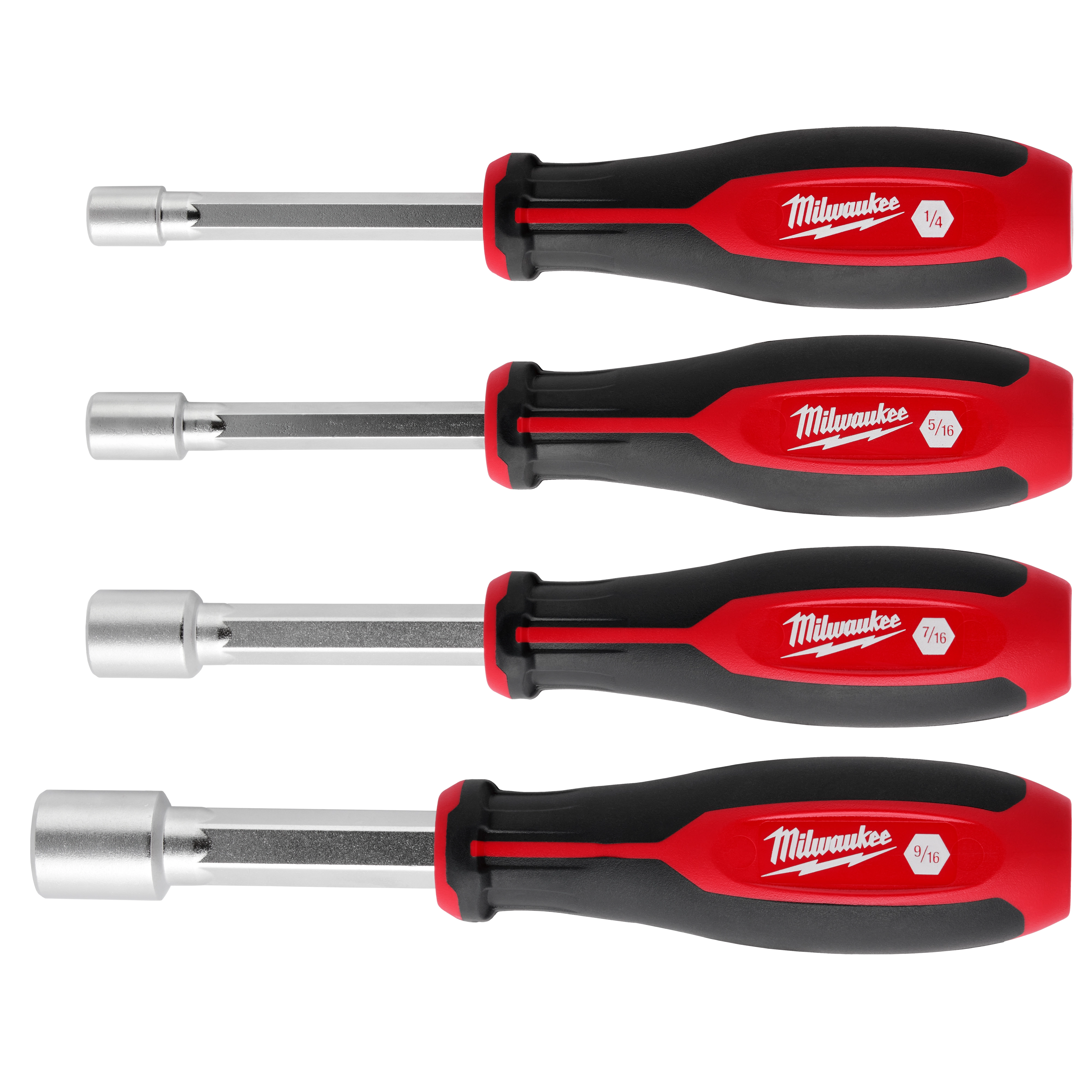 4pc SAE HollowCore Magnetic Nut Driver Set features four red and black handled nut drivers in 1/4", 5/16", 7/16", and 9/16" sizes.
