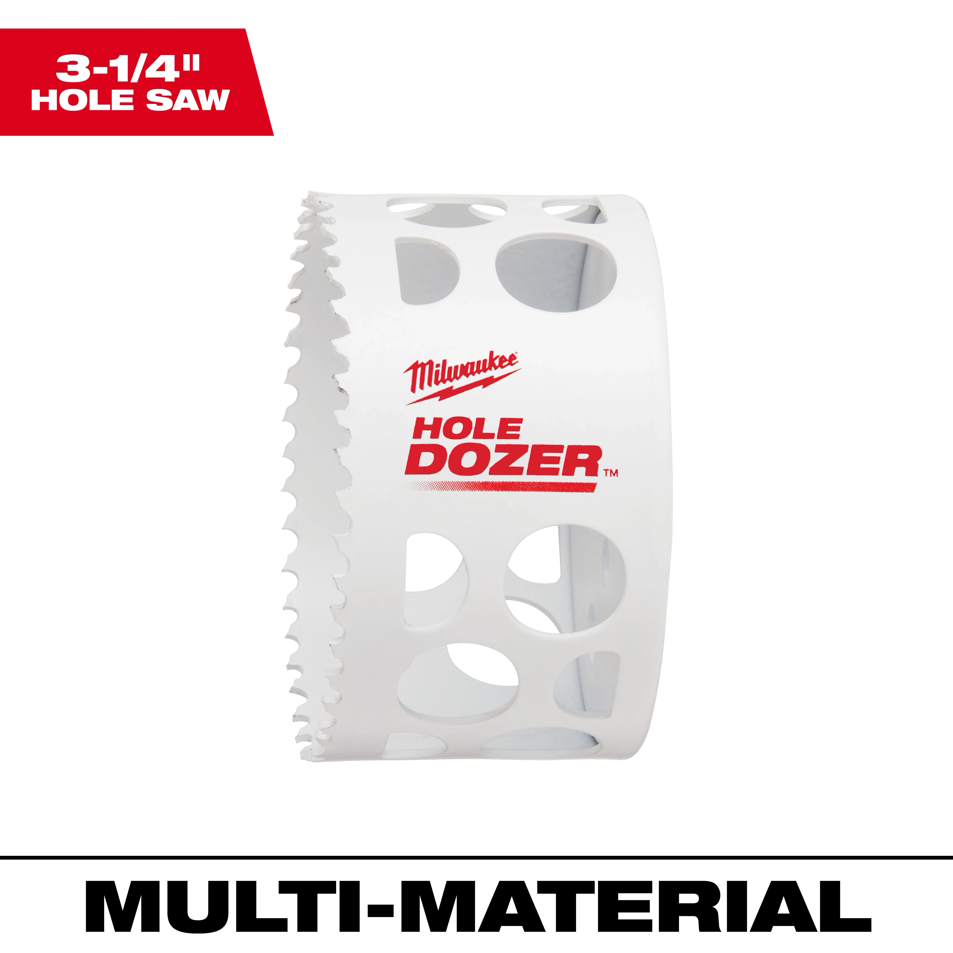 3-1/4" Hole Dozer Bi-Metal Hole Saw with white body, irregular cutouts, sharp teeth, and red branding for multi-material use.