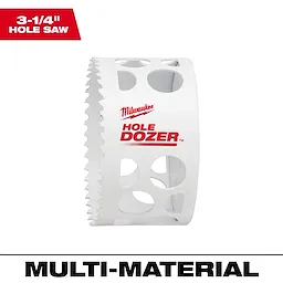 3-1/4" Hole Dozer Bi-Metal Hole Saw with white body, irregular cutouts, sharp teeth, and red branding for multi-material use.