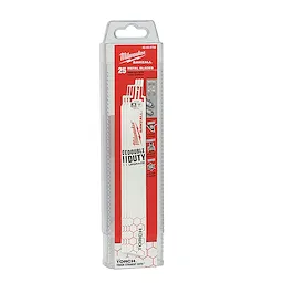 Milwaukee 9" 18 TPI THE TORCH™ SAWZALL® Blades (25 PK) enclosed in clear plastic packaging features a red and white design. The package highlights DOUBLE DUTY™ upgrade for metal cutting durability and includes specifications and product features on the side.