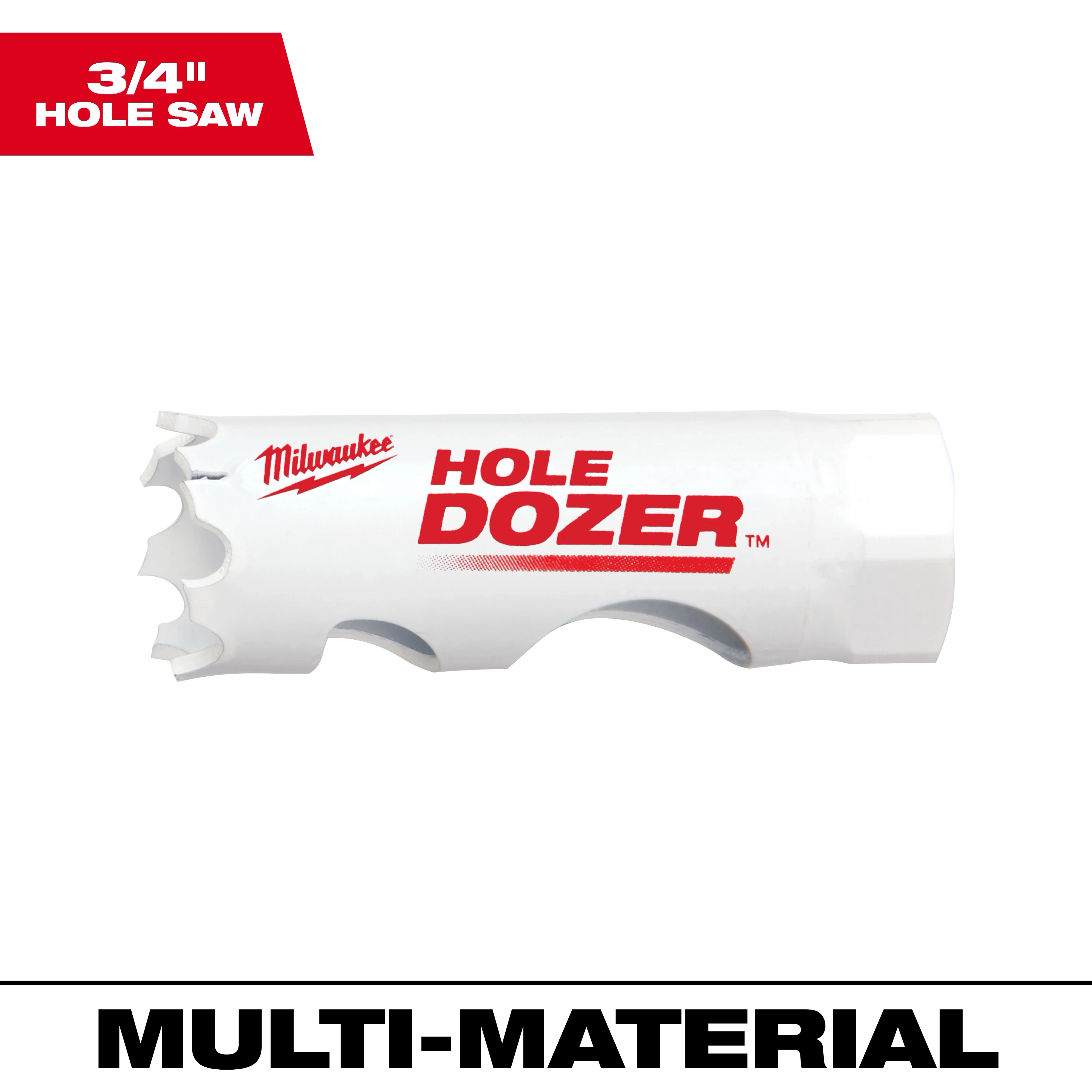 Milwaukee 3/4" Hole Dozer Bi-Metal Hole Saw with white body and red text, designed for multi-material cutting applications.