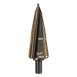 Milwaukee Cobalt Step Bit #9 features a stepped cone design with marked diameter measurements ranging from 7/8 inch to 1-1/8 inch. The bit is metallic with a shank suitable for drills and its durable cobalt construction ensures long-lasting performance.