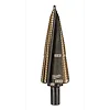 Milwaukee Cobalt Step Bit #9 features a stepped cone design with marked diameter measurements ranging from 7/8 inch to 1-1/8 inch. The bit is metallic with a shank suitable for drills and its durable cobalt construction ensures long-lasting performance.