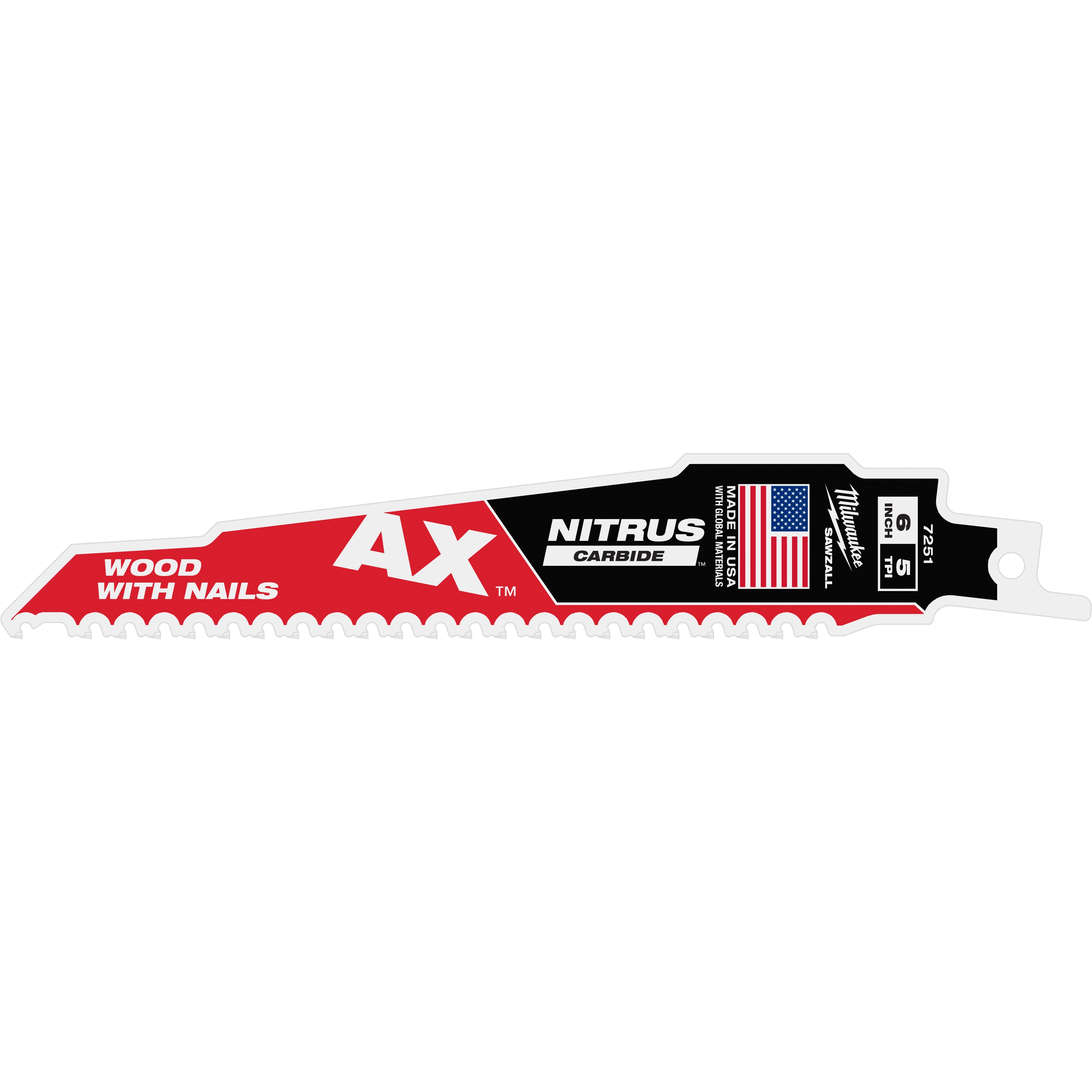 The 6" 5 TPI AX™ w/NITRUS™ Carbide Teeth SAWZALL® Blade for Wood with Nails has a red and black design. It features carbide teeth for durability and compatibility with wood and nails. The blade includes a USA flag, “AX™,” and “NITRUS™ Carbide” branding.