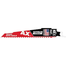 The 6" 5 TPI AX™ w/NITRUS™ Carbide Teeth SAWZALL® Blade for Wood with Nails has a red and black design. It features carbide teeth for durability and compatibility with wood and nails. The blade includes a USA flag, “AX™,” and “NITRUS™ Carbide” branding.