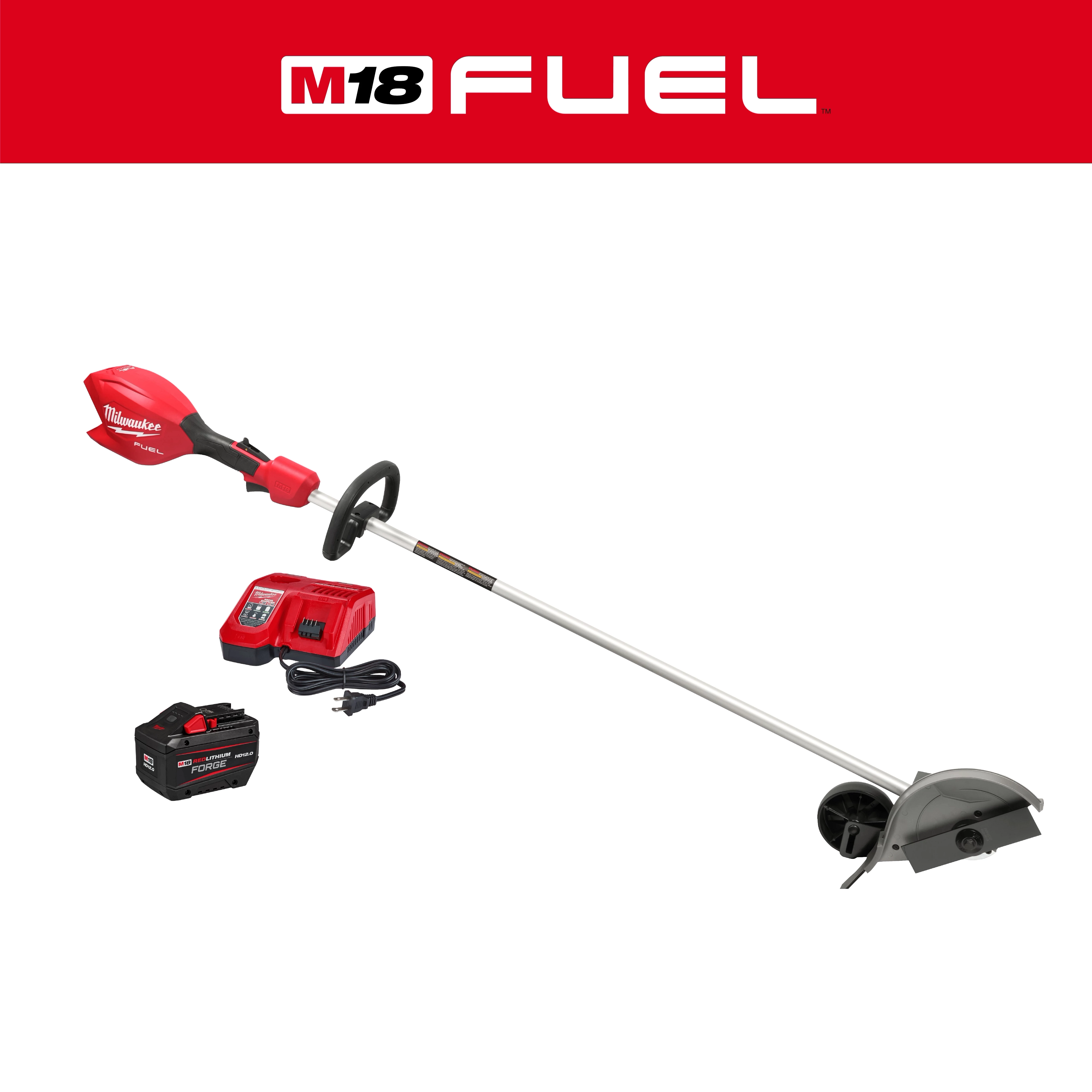 The image features the M18 FUEL Edger Kit, including a red and black edger, a battery pack, a charger, and a power cord.
