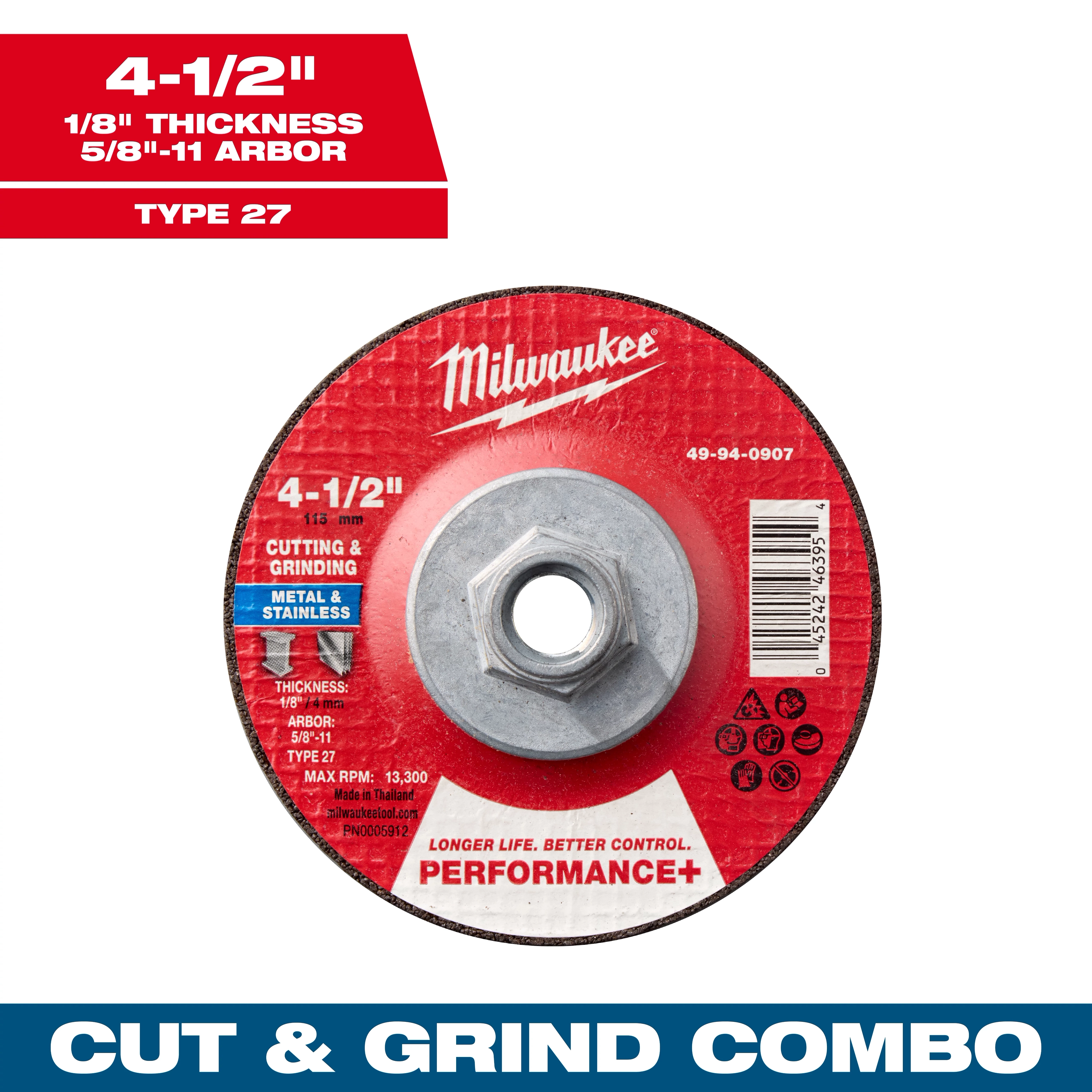 4-1/2" x 1/8" x 5/8-11" Performance+ Dual Metal Cut & Grind Wheel (Type 27) for cutting and grinding metal and stainless.