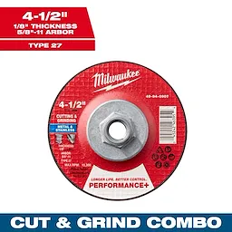 4-1/2" x 1/8" x 5/8-11" Performance+ Dual Metal Cut & Grind Wheel (Type 27) for cutting and grinding metal and stainless.