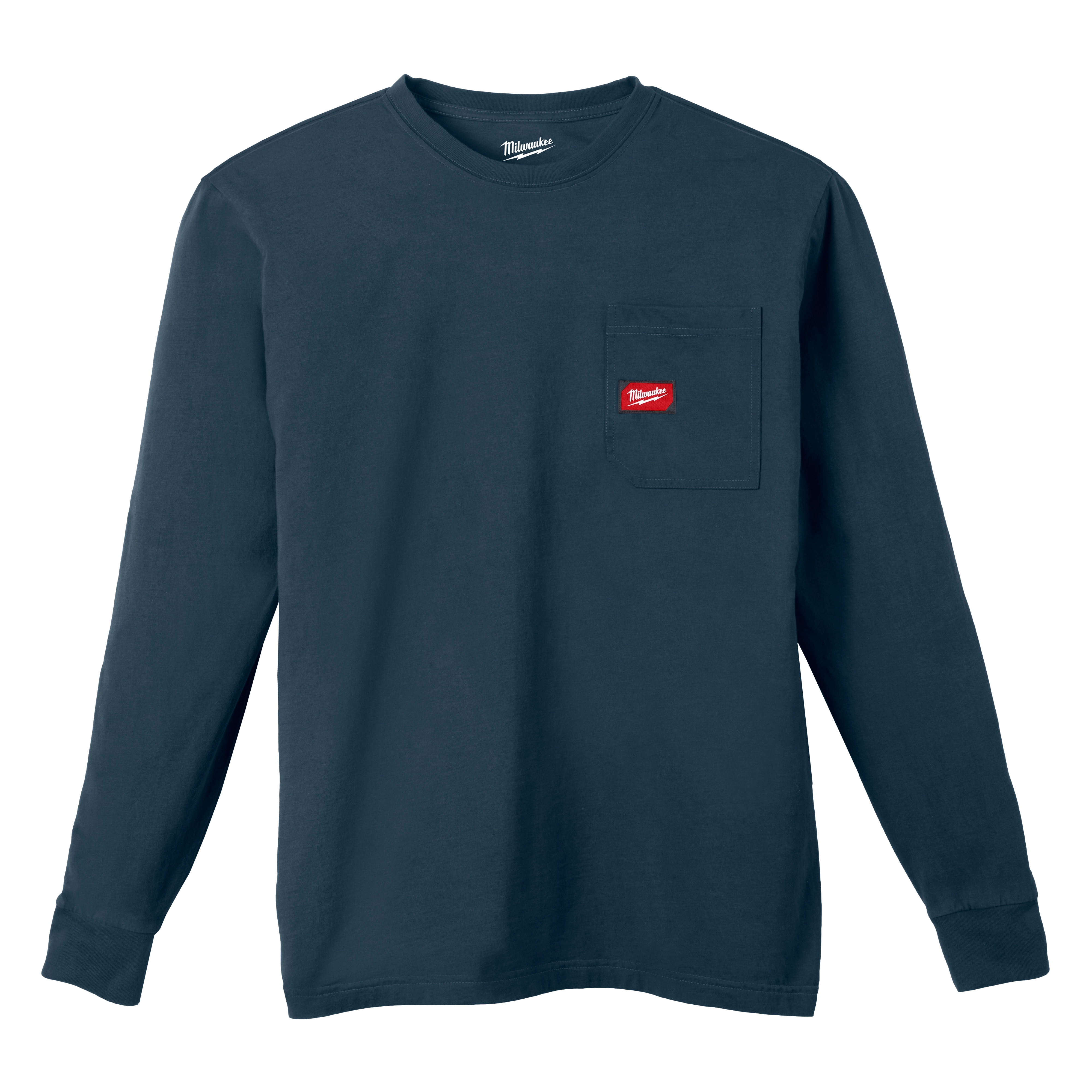 Heavy Duty Pocket T-Shirt - Blue features a dark blue long-sleeve design with a pocket on the left chest having a red logo patch.