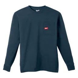 Heavy Duty Pocket T-Shirt - Blue features a dark blue long-sleeve design with a pocket on the left chest having a red logo patch.