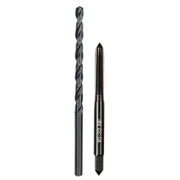 10-32 Straight Flute Plug Tap and #21 Drill Bit side by side with a black finish, suitable for threading and drilling tasks.