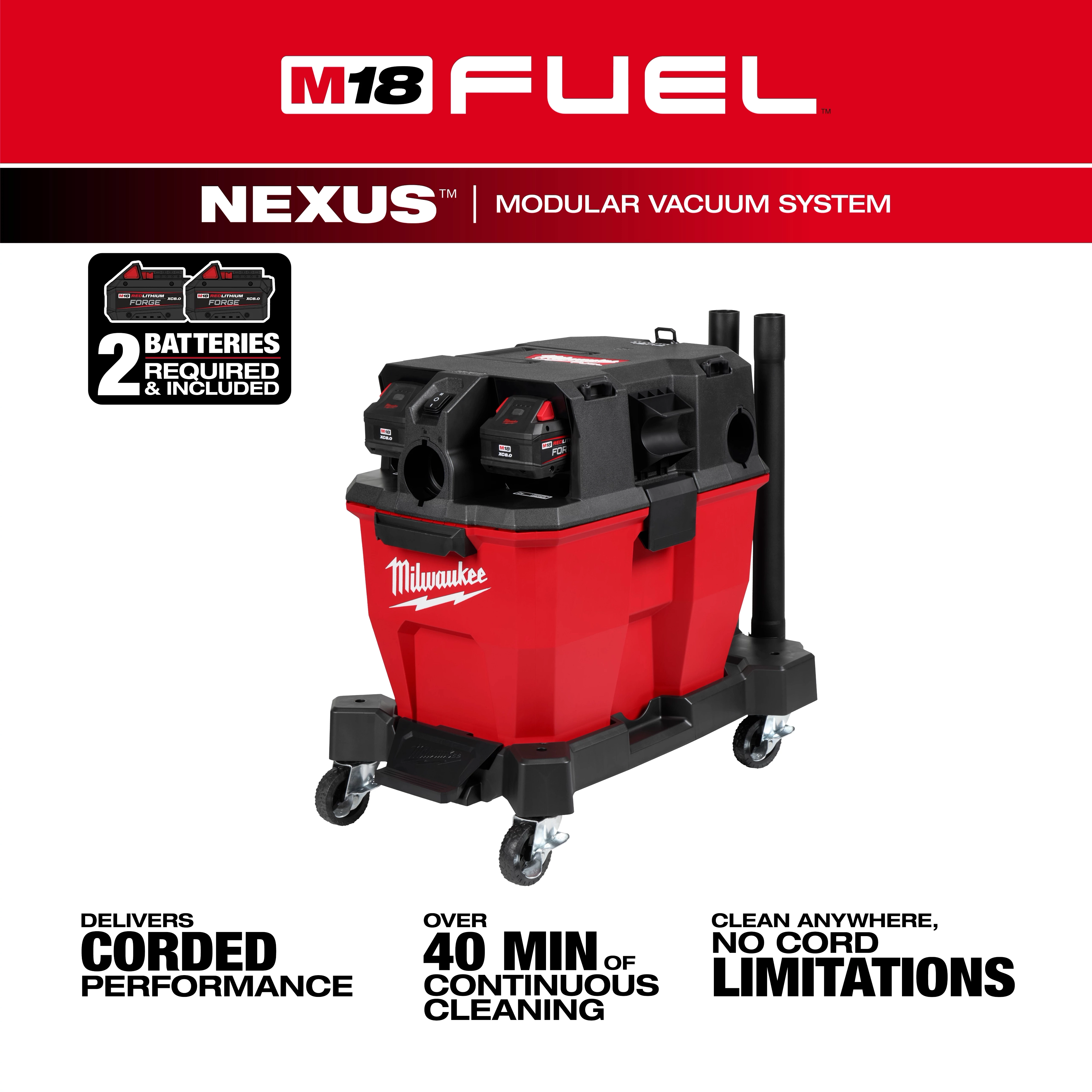 The M18 FUEL™ NEXUS™ 9 Gallon Dual-Battery Wet/Dry Vacuum Kit by Milwaukee features a red and black vacuum unit with two batteries. It delivers corded performance, offers over 40 minutes of continuous cleaning, and can clean anywhere without cord limitations.
