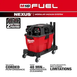 The M18 FUEL™ NEXUS™ 9 Gallon Dual-Battery Wet/Dry Vacuum Kit by Milwaukee features a red and black vacuum unit with two batteries. It delivers corded performance, offers over 40 minutes of continuous cleaning, and can clean anywhere without cord limitations.