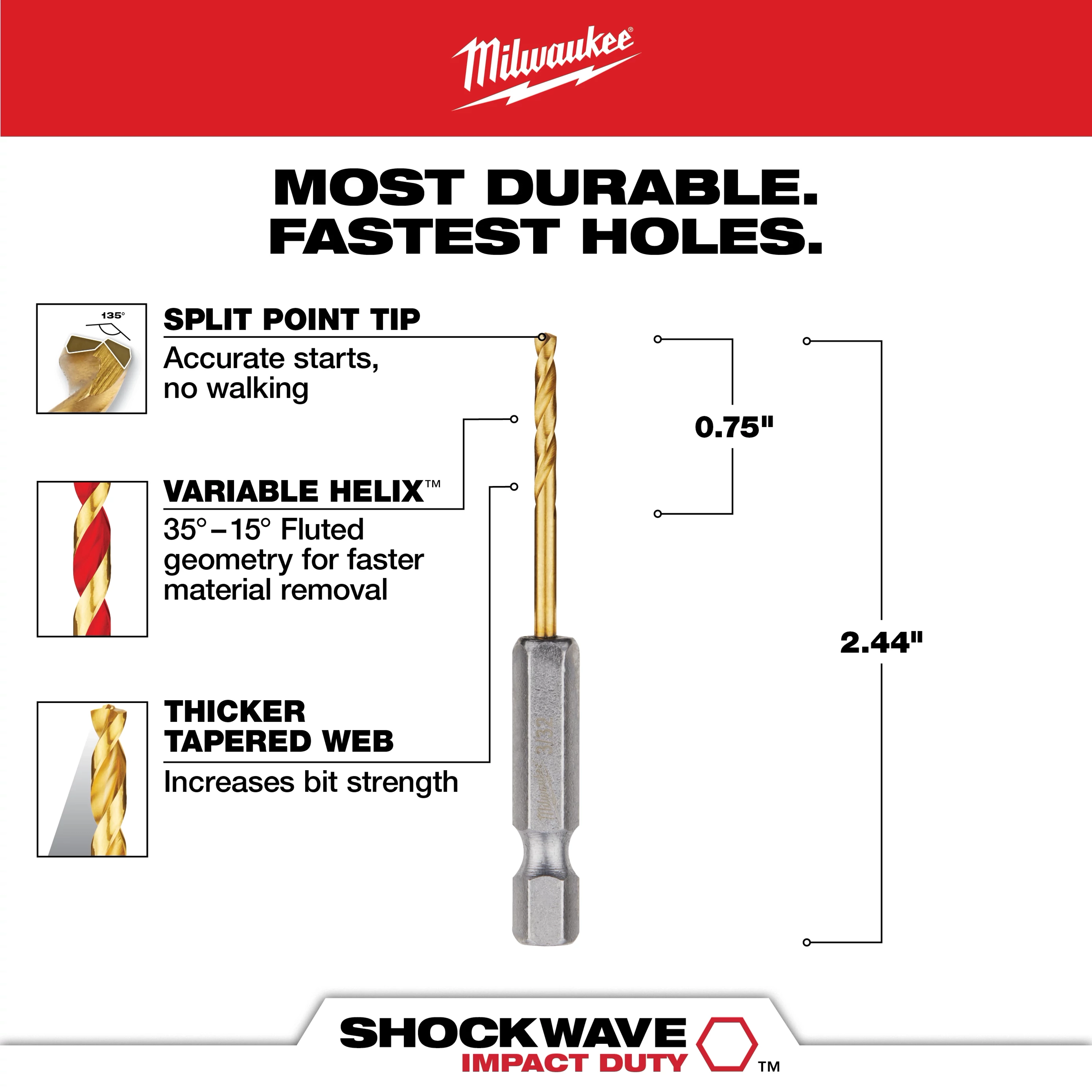 The SHOCKWAVE 3/32 in. Titanium Drill Bit features a split point tip for accurate starts, a variable helix for faster material removal, and a thicker tapered web for increased strength. It measures 2.44 inches in length and 0.75 inches in width.