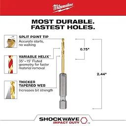The SHOCKWAVE 3/32 in. Titanium Drill Bit features a split point tip for accurate starts, a variable helix for faster material removal, and a thicker tapered web for increased strength. It measures 2.44 inches in length and 0.75 inches in width.