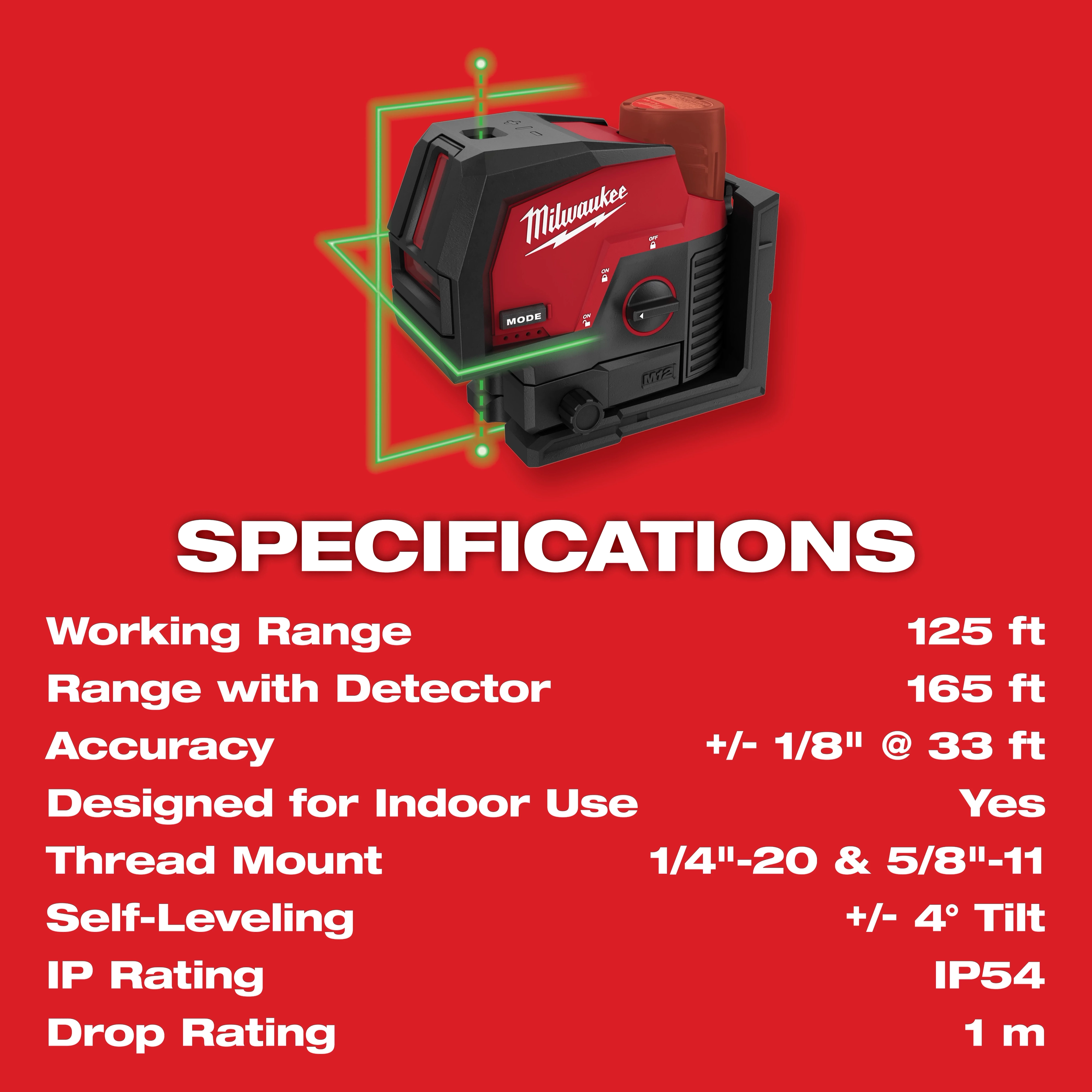 M12™ Green Cross Line and Plumb Points Laser Specs