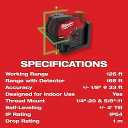 M12™ Green Cross Line and Plumb Points Laser Specs