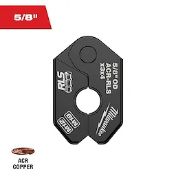 The 5/8" RLS® Pivoting Press Ring is a black metal tool designed for use with ACR copper. It features specifications and compatible sizes, visible on the surface of the ring.