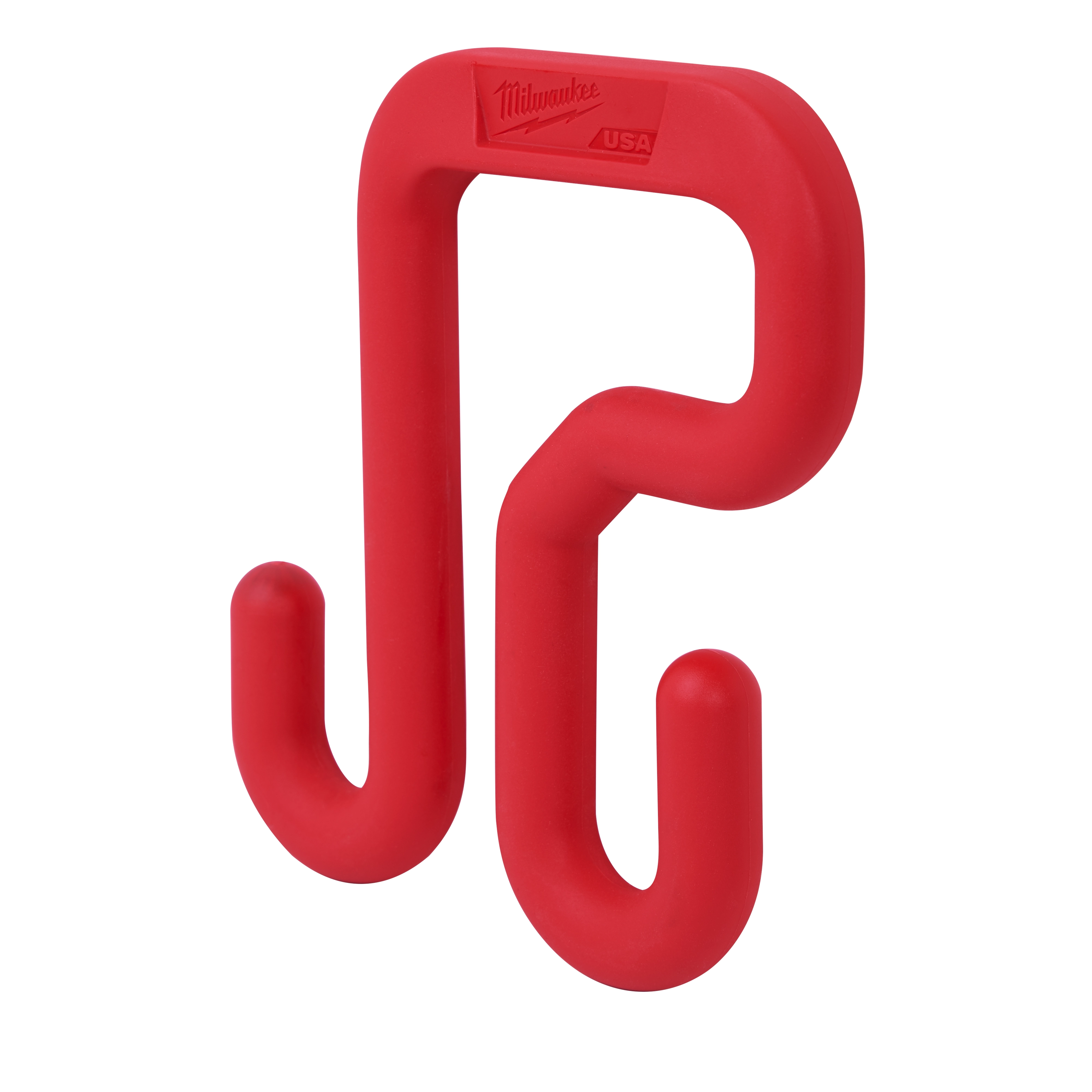 Red 3" Bucket Hook made of heavy-duty plastic with two hooks for hanging items. Made in the USA, embossed branding at the top.