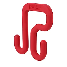 Red 3" Bucket Hook made of heavy-duty plastic with two hooks for hanging items. Made in the USA, embossed branding at the top.
