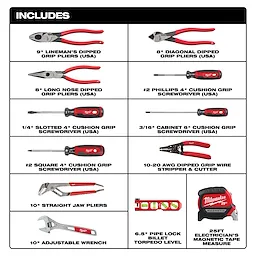 The product image displays the 12 PC. Electrical Hand Tool Set, which includes pliers, screwdrivers, wire stripper and cutter, straight jaw pliers, adjustable wrench, pipe lock billet torpedo level, and a 25-foot electrician's magnetic tape measure. Each tool is labeled with its type and specifications.