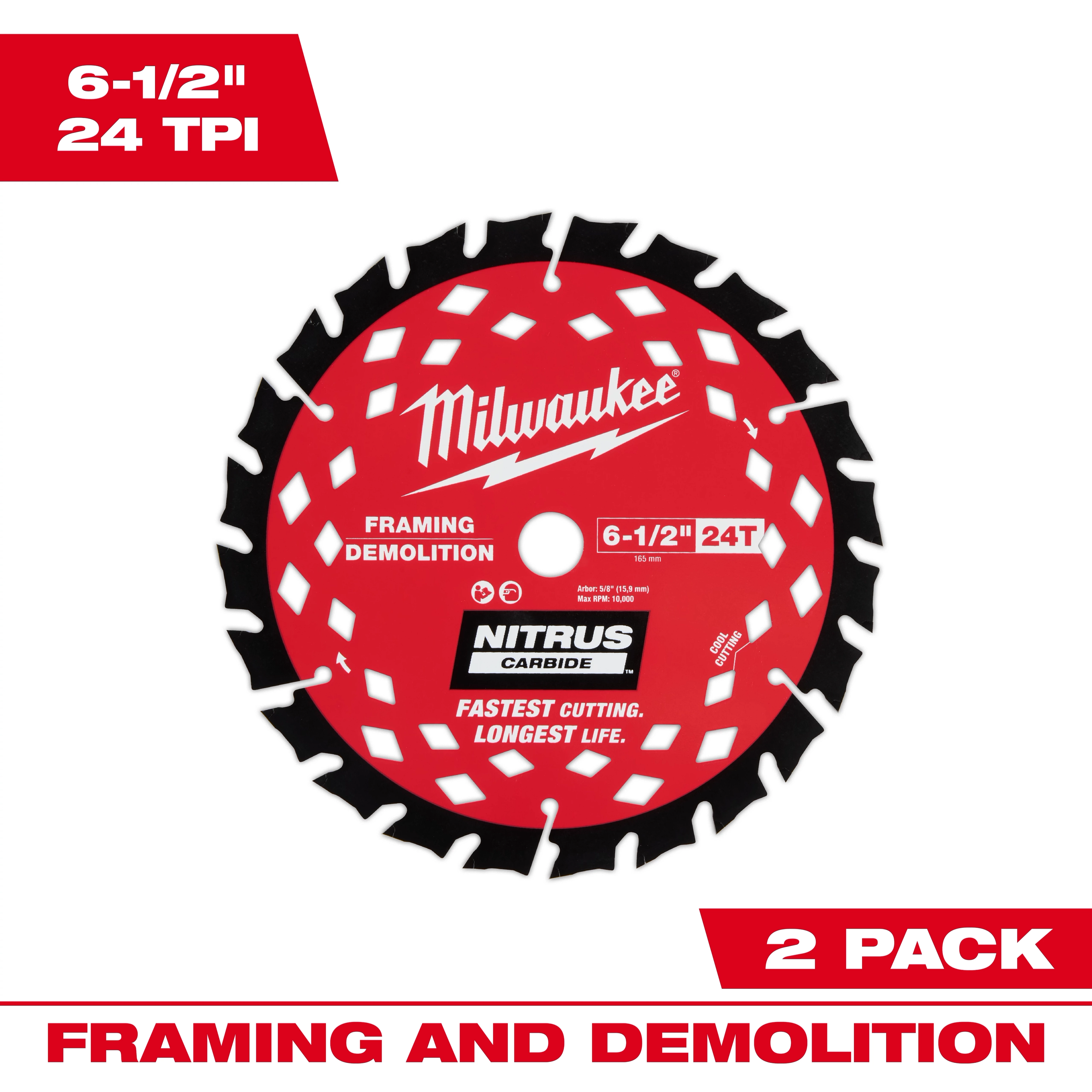 6-1/2” 24T NITRUS Carbide Framing & Demolition Circular Saw Blade shown with 2 pack framing and demolition text.