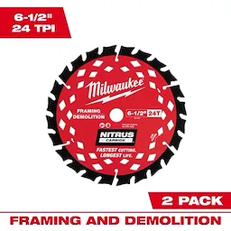 6-1/2” 24T NITRUS Carbide Framing & Demolition Circular Saw Blade shown with 2 pack framing and demolition text.