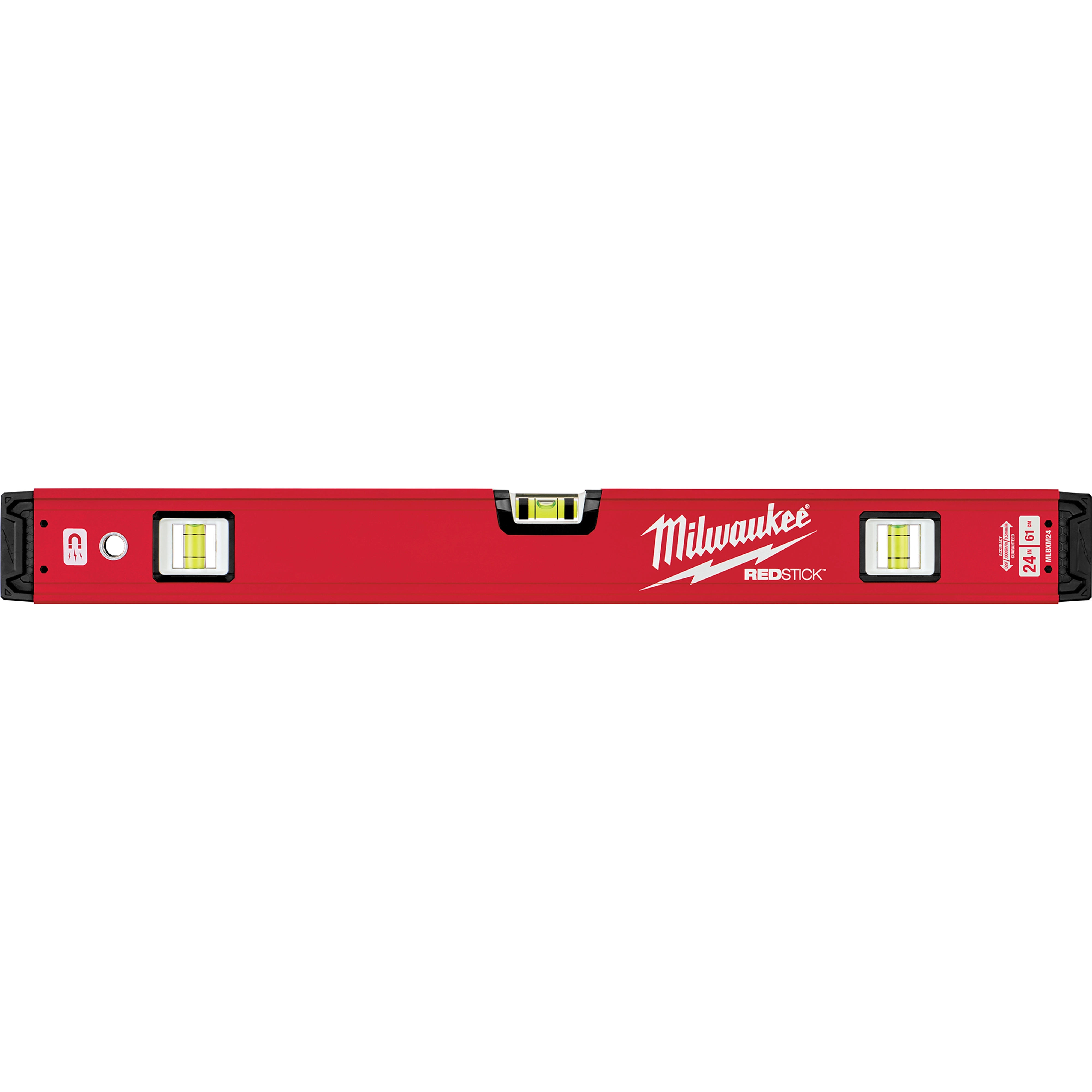 Red REDSTICK Level with three spirit vials, one at the top center and two on each side, displaying the Milwaukee logo.