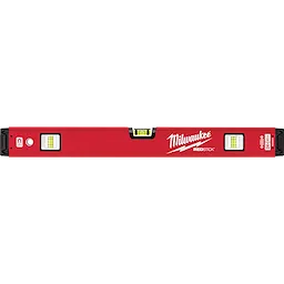 Red REDSTICK Level with three spirit vials, one at the top center and two on each side, displaying the Milwaukee logo.