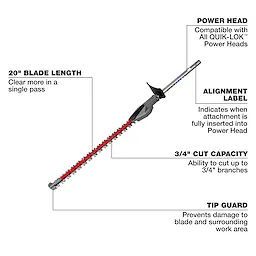 QUIK-LOK Short Pole Hedge Trimmer Attachment with long blade, power head connection, alignment label, and tip guard.