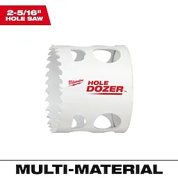 The image is of a white 2-5/16" Hole Dozer Bi-Metal Hole Saw. The saw features serrated edges and multiple side openings.