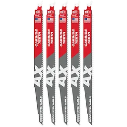 Five 12-inch AX Sawzall Blades for Wood with Nails, featuring carbide teeth and a red and grey design. The packaging highlights "Carbide Teeth" and "Wood with Nails" text, and an American flag symbol indicating the product is made in the USA. Pack of five blades.