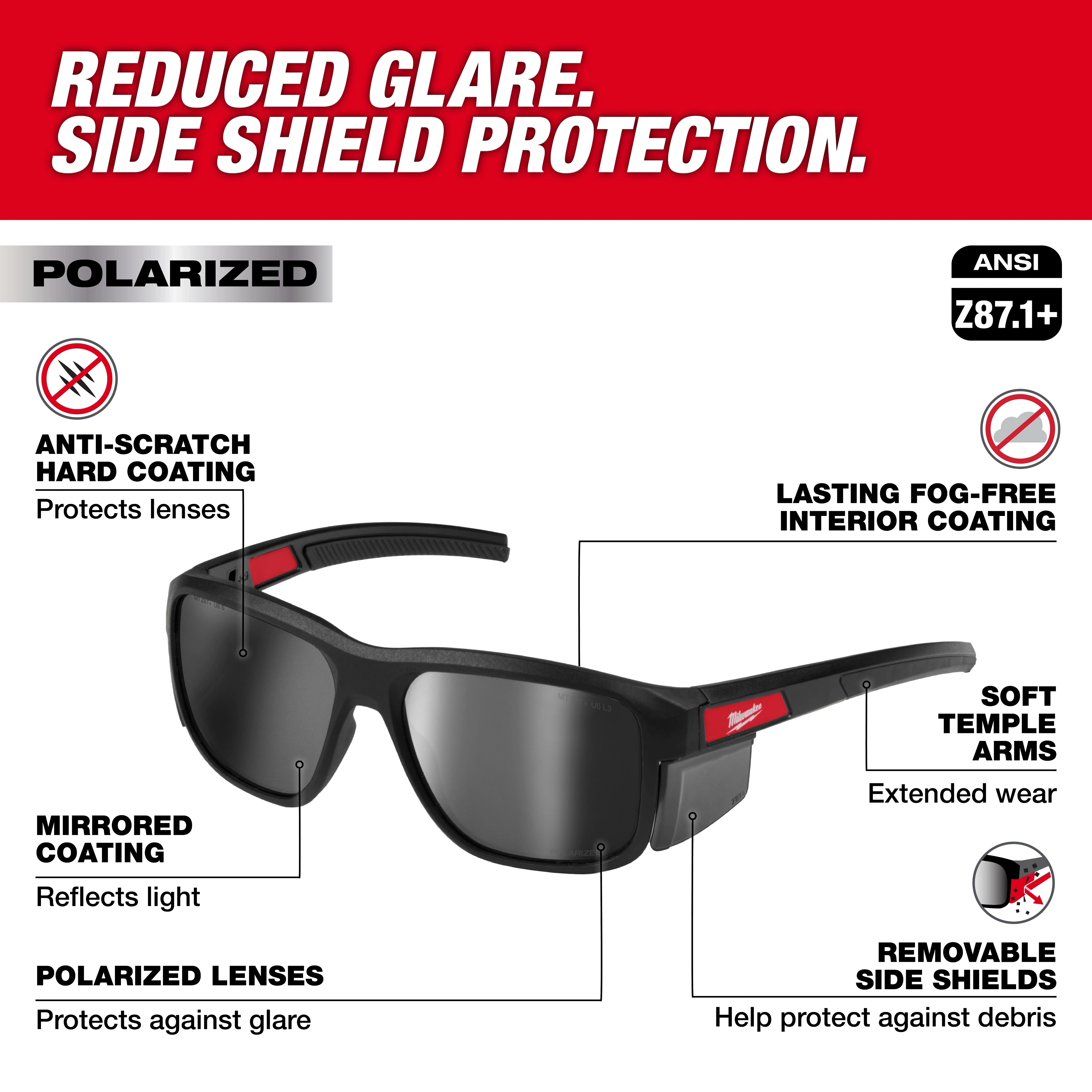 Polarized Full Frame Safety Glasses with Removable Side Shields feature mirrored dual coat lenses, anti-scratch, and fog-free coatings.