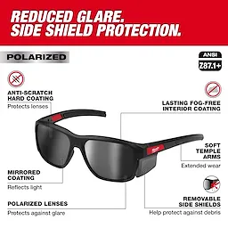 Polarized Full Frame Safety Glasses with Removable Side Shields feature mirrored dual coat lenses, anti-scratch, and fog-free coatings.
