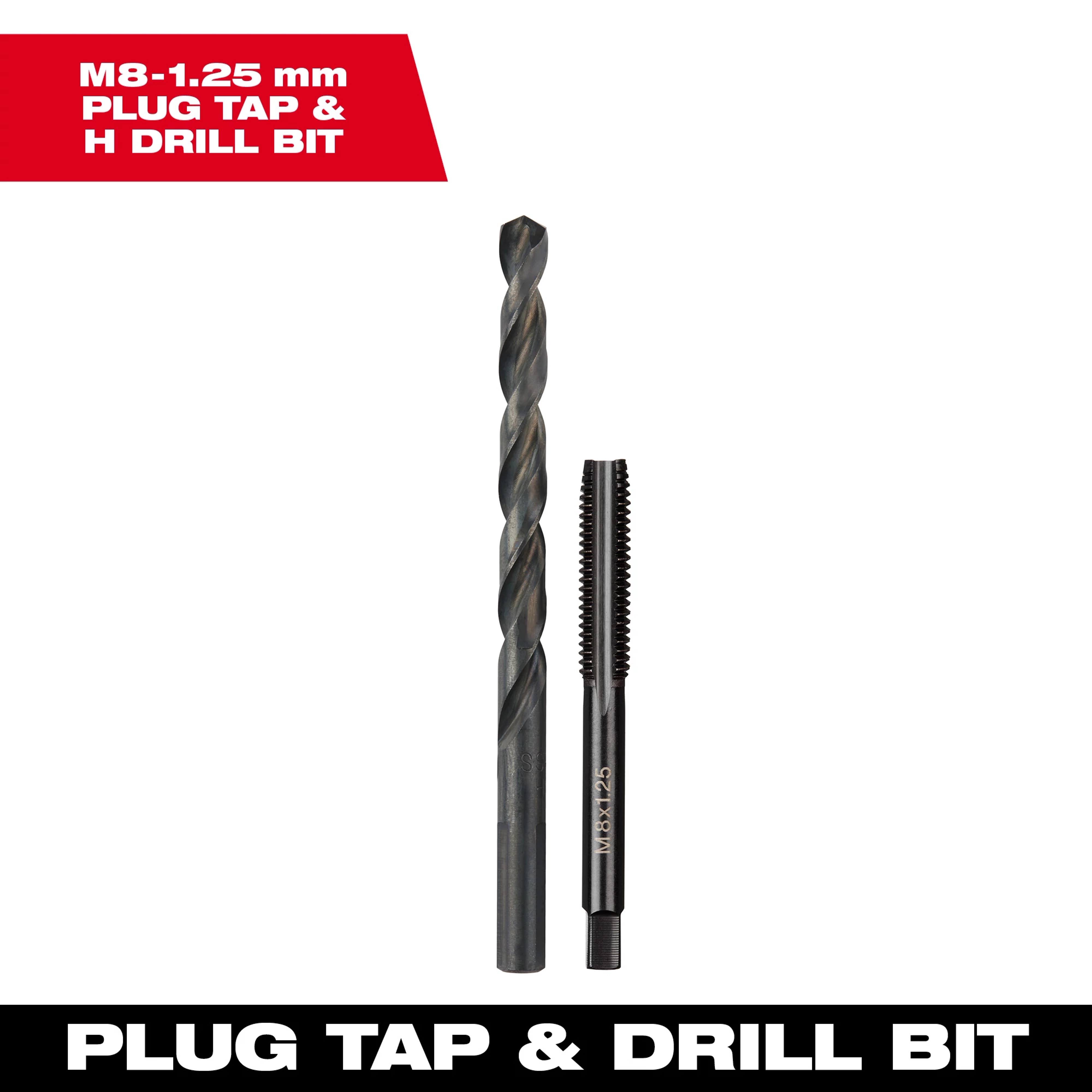 M8-1.25 20mm Straight Flute Plug Tap and H Drill Bit shown upright, side by side, with black and red packaging.